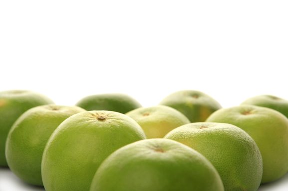 Limetten Grüne Äpfel in einer Reihe auf einem weißen Hintergrund.