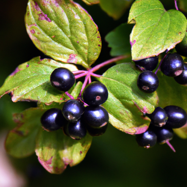 Aroniabeeren Dunkle Beeren wachsen an grünen Blättern mit lila Rändern.
