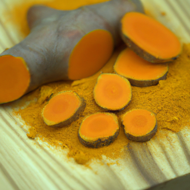 Kurkuma Frische Kurkumawurzel mit geschnittenen Scheiben und gemahlenem Pulver auf Holzunterlage.