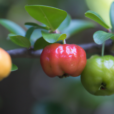 Acerola Bunte Früchte an einem Ast: orange, rot und grün.
