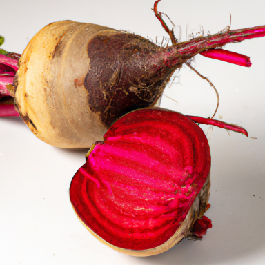 Rote Bete Rote Bete, ganz und aufgeschnitten, mit tiefrotem Inneren und erdiger Schale.